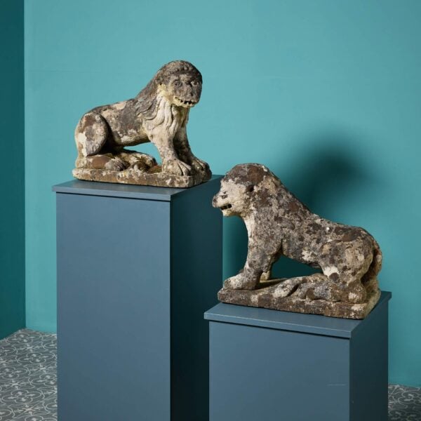 Pair of 18th Century style Weathered Limestone Lion Statues