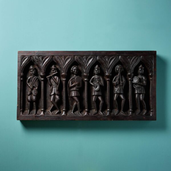 Antique Medieval Carved Pine Panel of Musical Figures