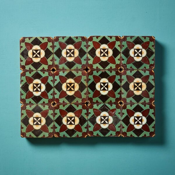 Set of 12 Antique Glazed Encaustic Floral Tiles by Minton