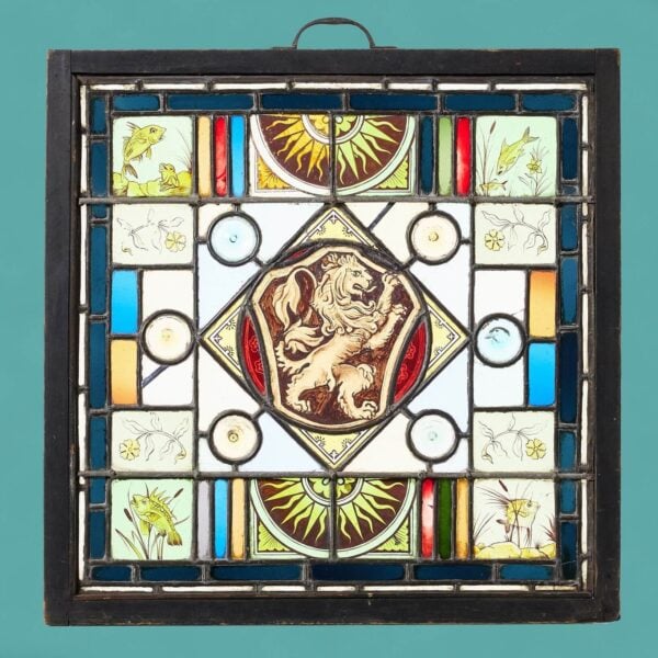 Antique Heraldic Rampant Lion Stained Glass Panel