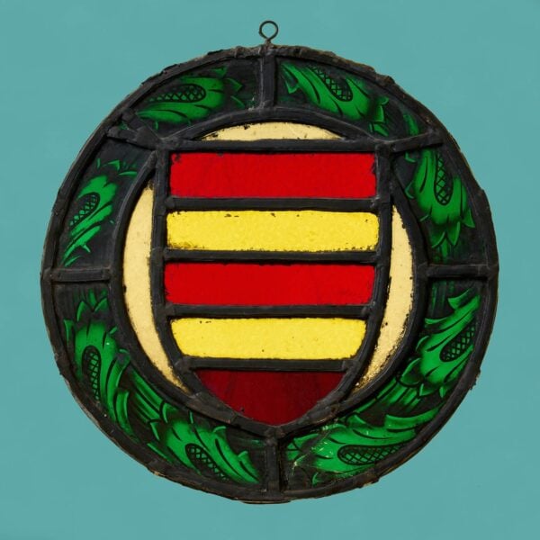 19th Century Stained Glass Red and Yellow Armorial Shield Roundel