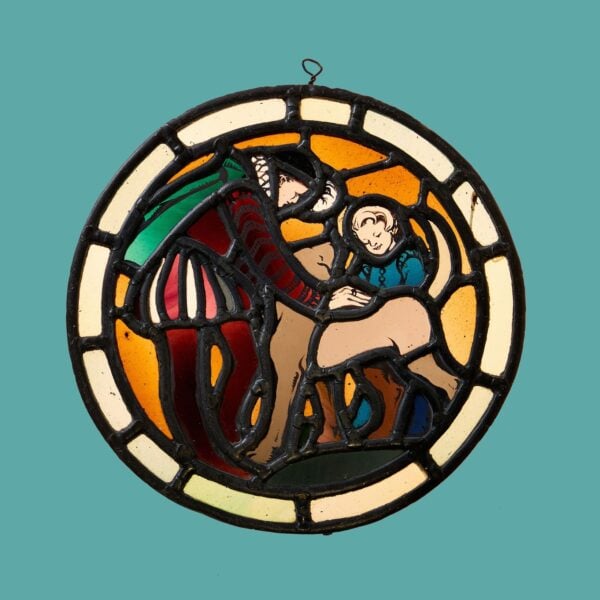 0_37204-0 Antique Stained Glass Roundel Depicting A Man And Child With A Dog