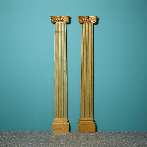 Pair of 2.5m Tall Antique Gilt & Polychrome Ionic Column Pilasters