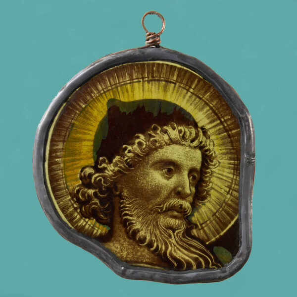 Antique Ecclesiastical Painted Glass Window Hanging of a Saint