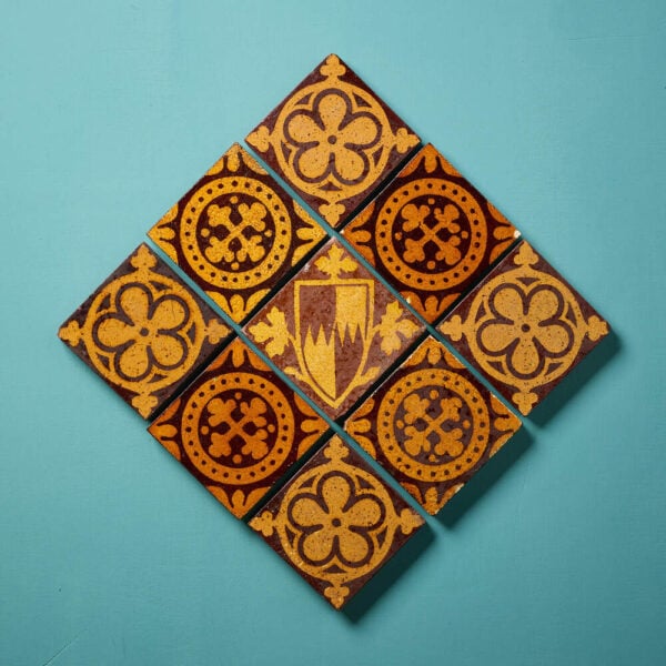 Set of 9 Encaustic Tudor Revival Style Tiles by Craven Dunhill & W.Godwin