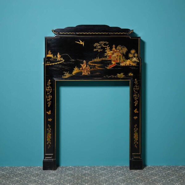 Rare Large Antique Black Chinoiserie Painted Fireplace