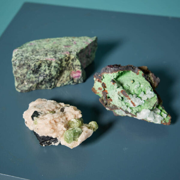 Set of 3 Mineral Specimens including Ruby Zoisite, Adamite & Tourmaline