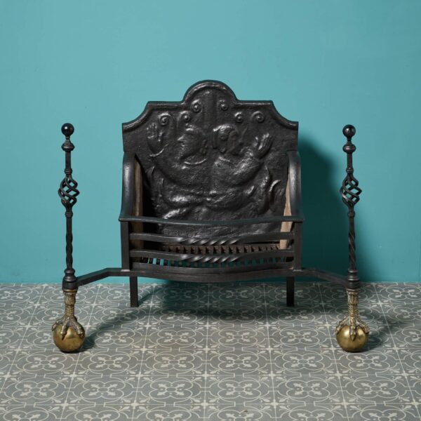 Large Antique English Cast Iron & Brass Fire Grate