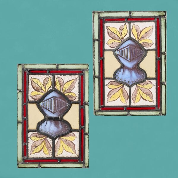 0_37144-CO Pair of Small Antique English Stained Glass Windows Depicting Knight Helmets