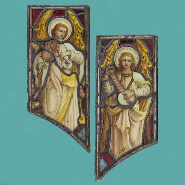 Two Atkinson Bros Stained Glass Windows Depicting Angels Playing Instruments