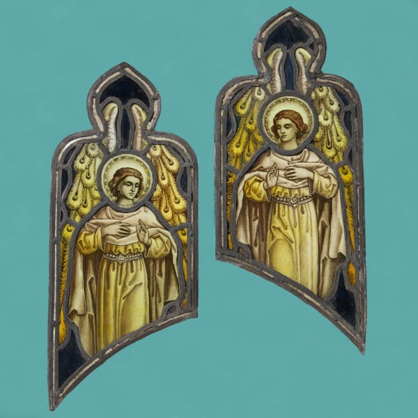 Two Antique Religious Stained Glass Windows Depicting Angels by Atkinson Bros