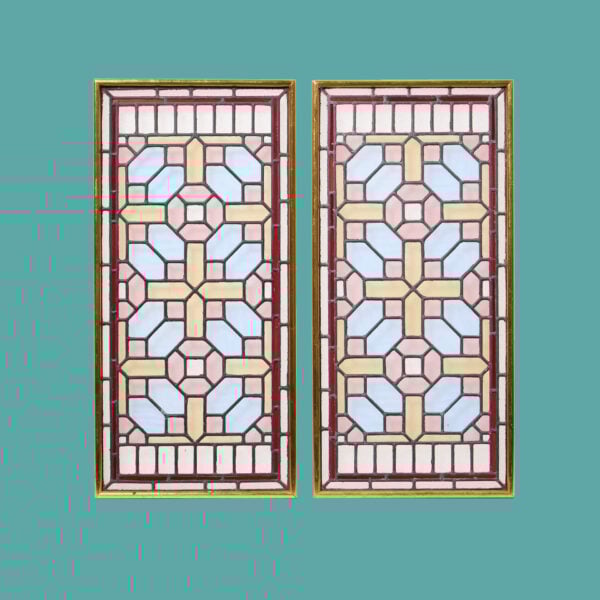Antique Pair of Geometric Stained Glass Windows In Gilt Frames