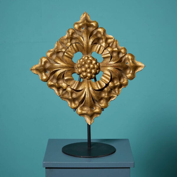 19th Century Reclaimed Gilded Pine Roof Boss on Stand