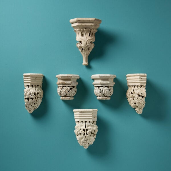 Set of 6 Antique Handcarved Limewood Foliage Corbels
