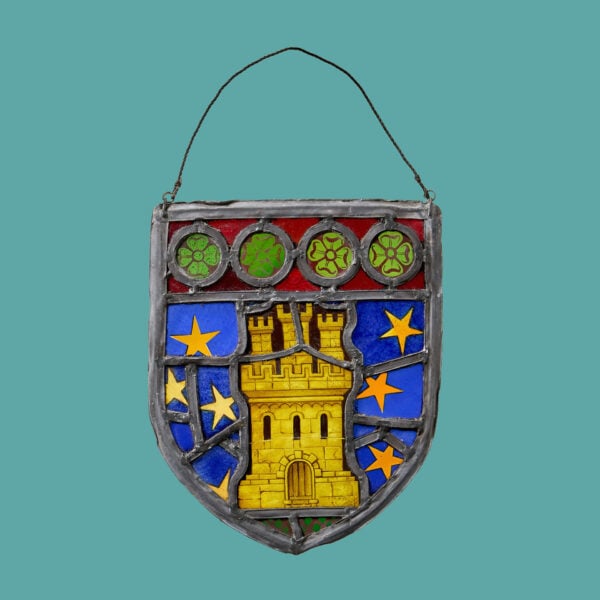 19th Century Armorial Stained Glass Shield Of A Castle Reminiscent of Villarreal de Urrechua