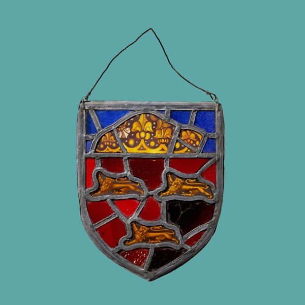 19th Century Armorial Stained Glass Shield With Three Lions
