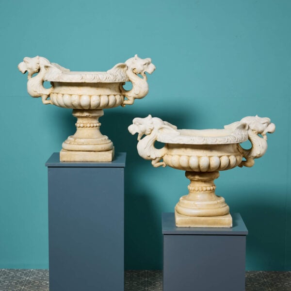 Pair of Large Antique Italian Carrara Marble Urns with Dragon Handles