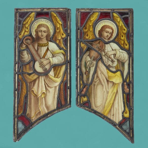 Two Atkinson Bros Stained Glass Windows Depicting Angels Playing Instruments