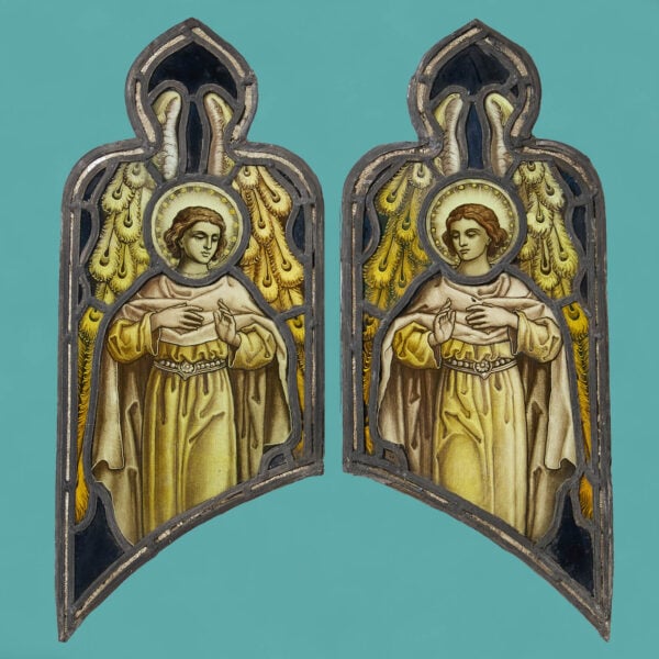 Two Antique Religious Stained Glass Windows Depicting Angels by Atkinson Bros