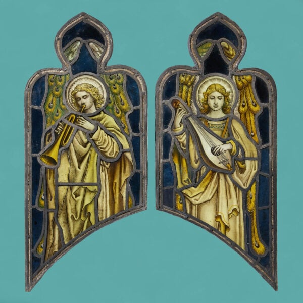 Pair of Antique Religious Stained Glass Windows by Atkinson Bros
