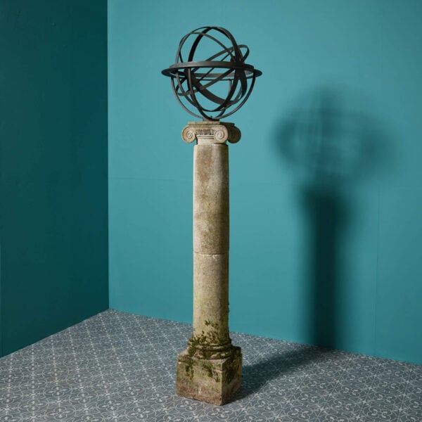 Reclaimed Bronze Armillary Sun Dial on 19th Century English Limestone Column
