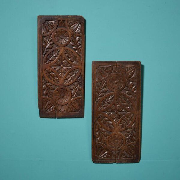 A Pair of 19th Century Victorian Hand Carved Floral Oak Panels