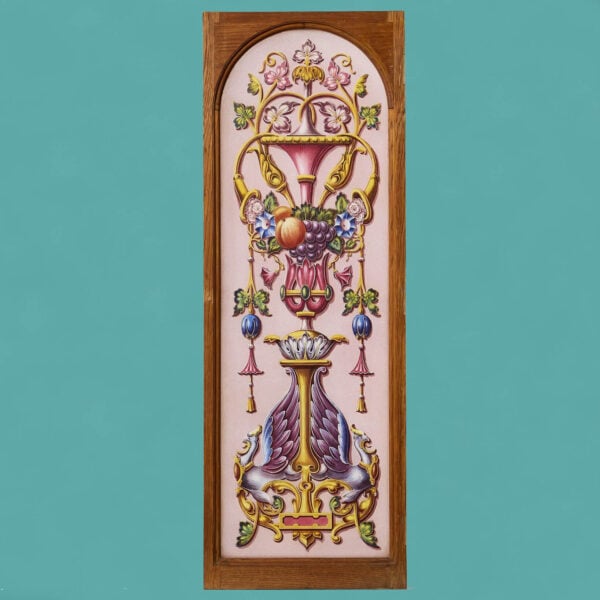 Antique Etched & Painted Floral Glass Window in Oak Frame