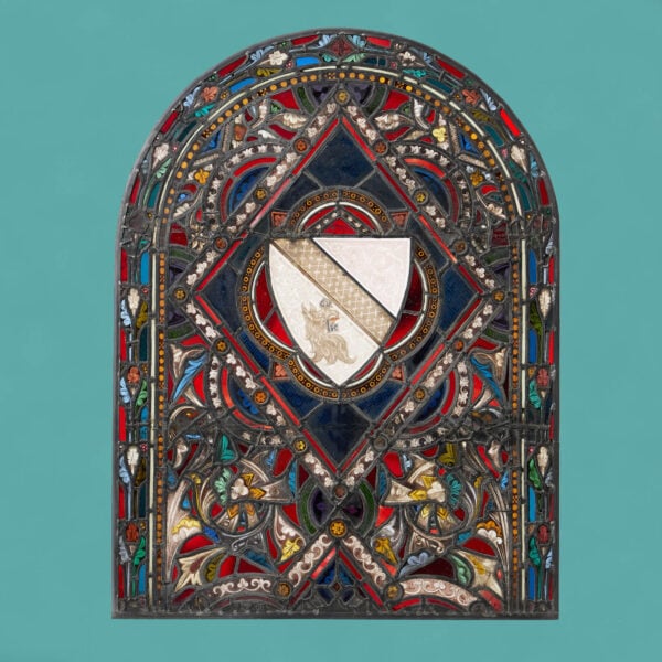 Antique Medieval Style Arched Stained Glass Armorial Window