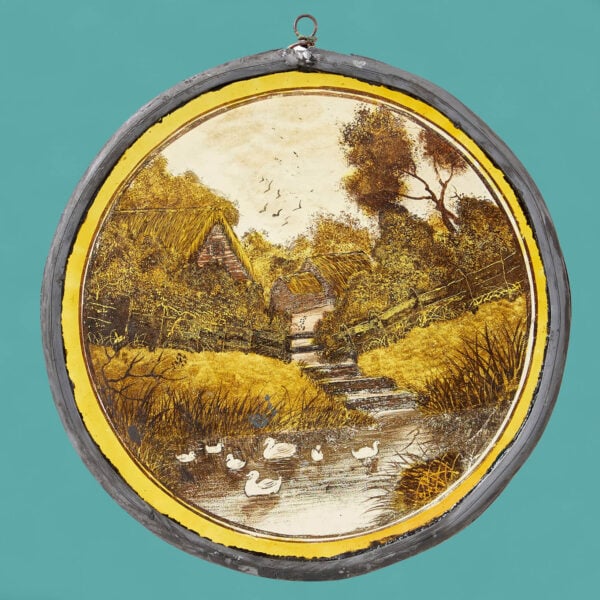 Antique Stained Glass Roundel Depicting a Victorian Countryside Scene