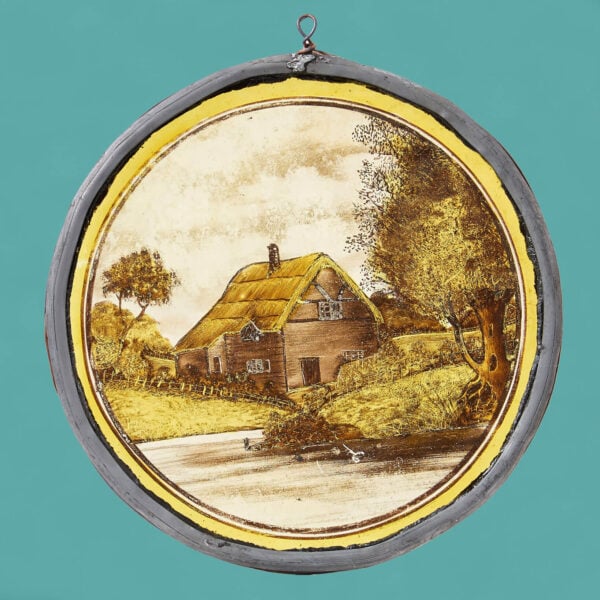 Antique Stained Glass Roundel Depicting an English Countryside Scene
