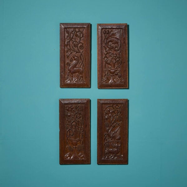 Set of Four 16th Century Hand Carved Oak Panels With Animals