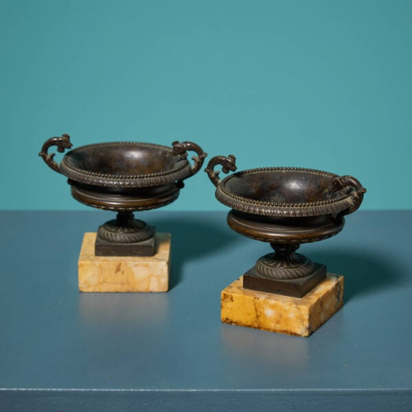 A Pair Of 19th Century Bronze Tazza Urns On Sienna Marble Bases