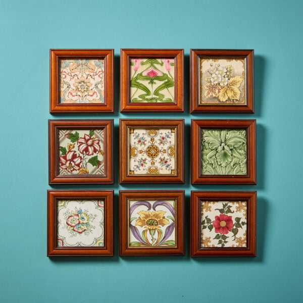 Set of 9 Framed Antique English Floral Tiles