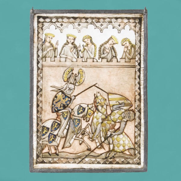 Small Antique Medieval Style Leaded Glass Window Depicting a Jousting Scene