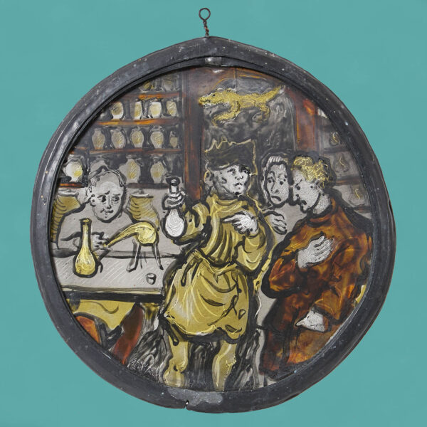 Antique 19th Century Handpainted Glass Roundel Depicting Alchemical Scene