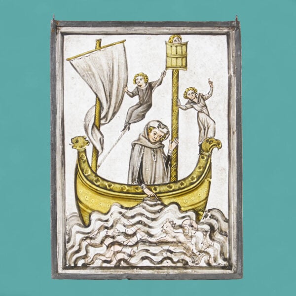 Small Antique Medieval Style Leaded Glass Window Depicting a Boat at Sea