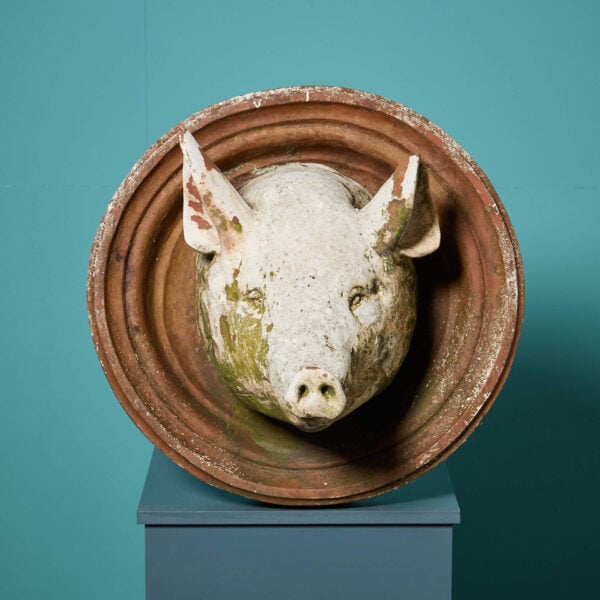 Weathered Antique Terracotta Pig Head Wall Roundel