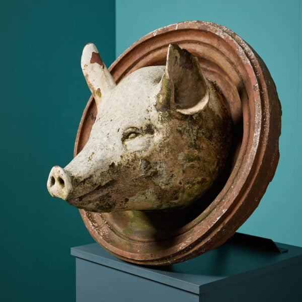 Weathered Antique Terracotta Pig Head Wall Roundel