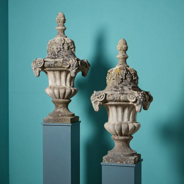 Pair of Reclaimed Composition Stone Lidded Urn Finials