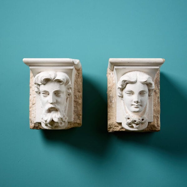 Pair of 19th Century Limestone Corbels Of A Nobleman & Woman