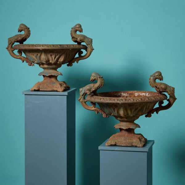 Pair of Antique French Cast Iron Garden Urns with Griffin Handles