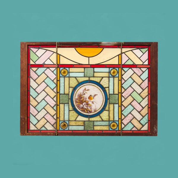 Reclaimed Stained Glass Window with Robin & Flowers