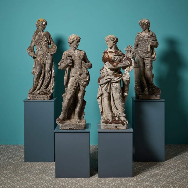Set of 4 Weathered Composition Stone Statues Depicting the Arts