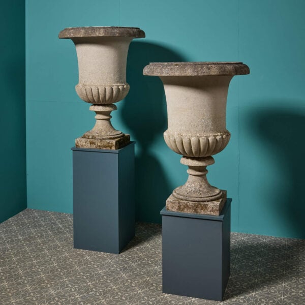 Pair of Large Weathered Composition Stone Campana Urns