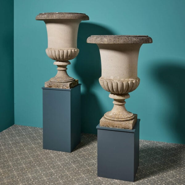 Pair of Large Neoclassical Style Composition Stone Campana Urns