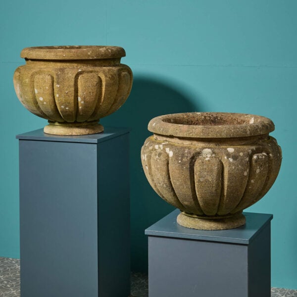 Two Large Reclaimed Handcarved Limestone Garden Planters