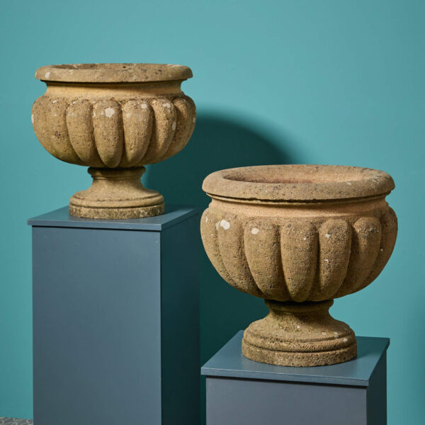 Pair of Large Reclaimed Handcarved Limestone Garden Urns