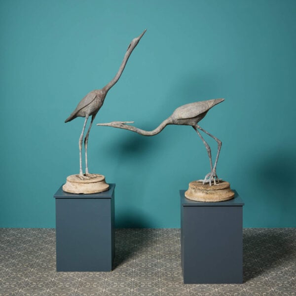 Pair of Antique Lifesize Lead Garden Herons on Composition Stone Bases