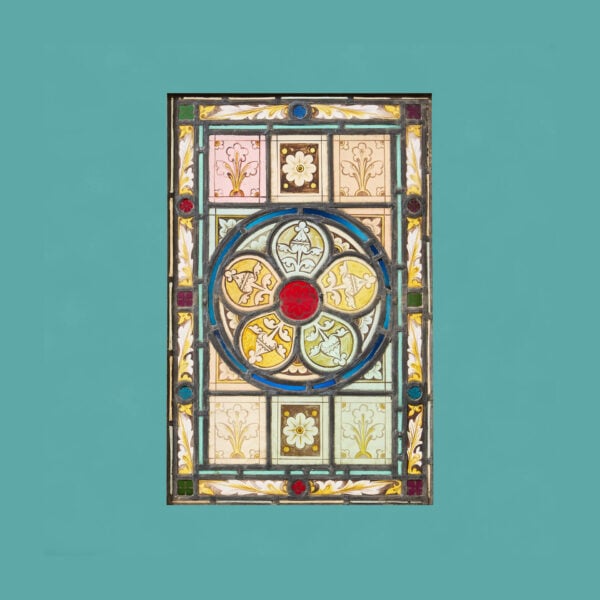 Antique Arts & Crafts Stained Glass Window With Floral Themes