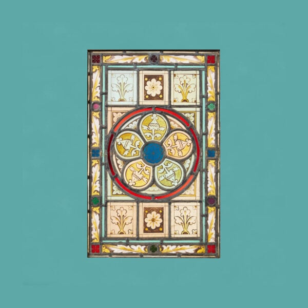Antique Arts & Crafts Stained Glass Window With Floral Themes